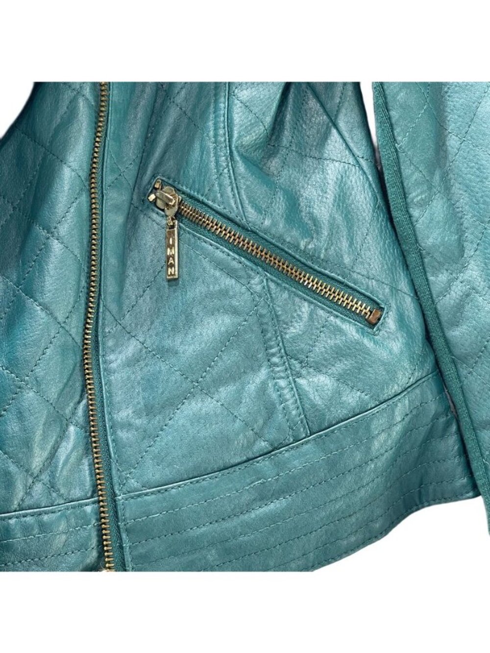 Iman Teal Leather Asymmetrical Moto Jacket XS Zipper Pockets Womens Size Small - Picture 10 of 13
